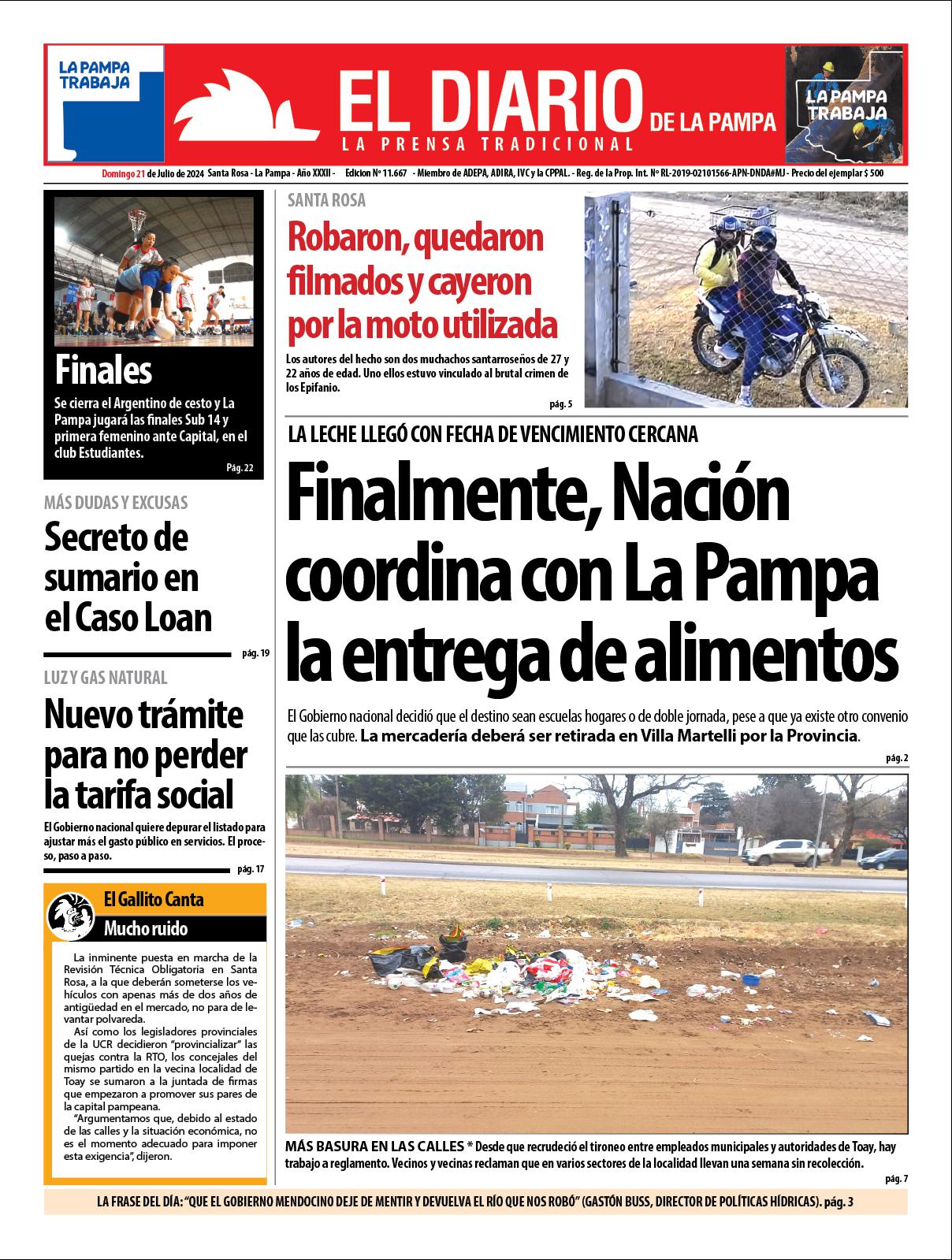 Tapa de El Diario en papel  domingo 21 de julio de 2024